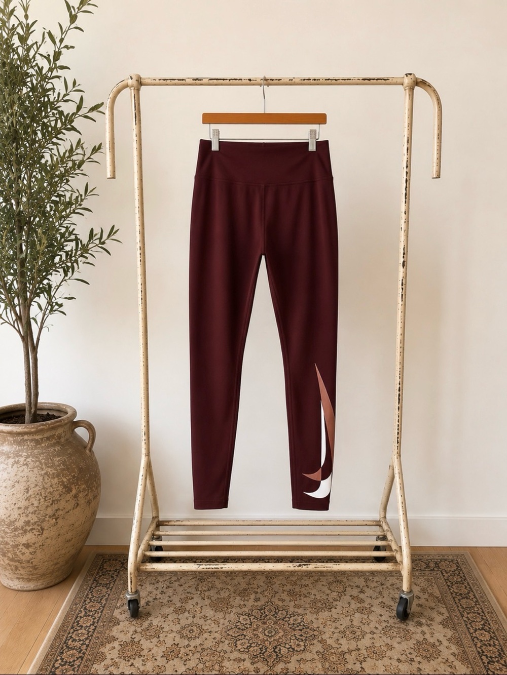 Nike Maroon High-Rise Leggings with Graphic Swoosh Accent